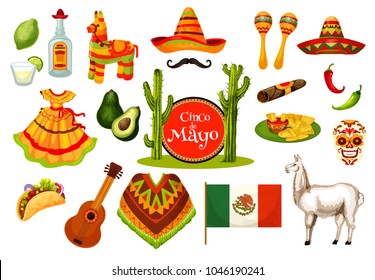 Cinco de Mayo festival icon set of mexican holiday fiesta party symbol. Sombrero hat, maracas, chili and jalapeno pepper, tequila margarita, pinata and Mexico flag, guitar, skull and festive food