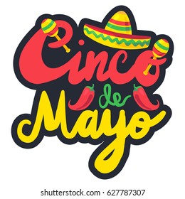 Cinco De Mayo Festival Label with chili and sombrero, maraca. Festival Poster. Vector