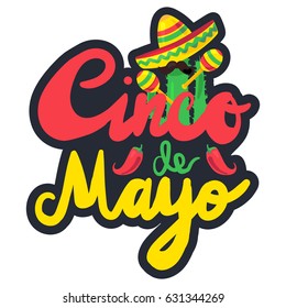 Cinco De Mayo Festival Label with pepper, cactus, mustache and sombrero, maraca. Festival Poster. Vector