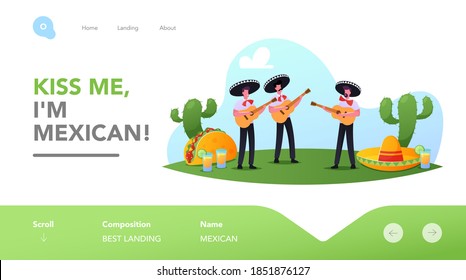 Cinco De Mayo Festival Landing Page Template. Mexican Men in Sombrero Playing Guitar Celebrating National Folk Music Holiday. Mariachi Artist Musicians Characters. Cartoon People Vector Illustration