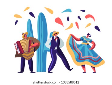 Cinco De Mayo Festival. Mexican Artists Band of Man with Accordion and Couple of Male and Female Dancers in Traditional Clothes Celebrating National Folk Music Holiday Cartoon Flat Vector Illustration