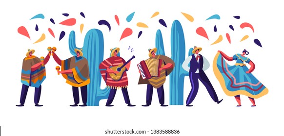 Festival Cinco de Mayo con mexicanos vestidos con coloridas vestimentas tradicionales, músicos con guitarra, maracas y acordeón y bailarinas celebrando la fiesta nacional. Ilustración de vectores planos de caricaturas