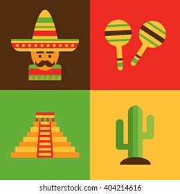 Cinco De Mayo festival mexican design with a man in sombrero, maracas, cactus, pyramid, vector illustration