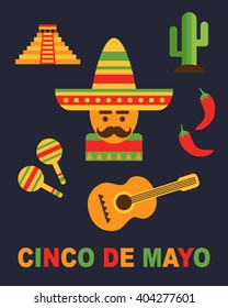 Cinco De Mayo festival mexican design with a man in sombrero, maracas, guitar, cactus, pyramid and chill pepper, vector illustration