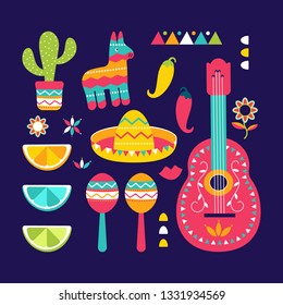 Cinco de Mayo festival in Mexico icons set flat style. Colorful collection of traditional ethnic symbols for Mexican parade with maracas, pinata, fruits, sombrero, cactus, guitar. Vector illustration