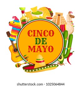 Cinco de Mayo festival poster with mexican holiday symbols. Sombrero hat, chili pepper and maracas, tequila margarita, flamenco guitar and cactus, taco, nacho and pinata frame for fiesta party design