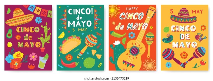 Cinco de mayo festival posters, mexican holiday celebration flyer. Mexico fiesta party invitations with sombrero, guitar, maracas vector set. Traditional symbols, entertainment objects