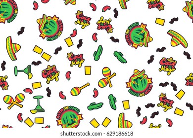 Cinco De Mayo Festival Seamless Pattern from chili, confetti, cactus, mustache and margarita, sombrero and maraca. Festival Poster. Vector