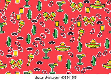 Cinco De Mayo Festival Seamless Pattern from chili, confetti, cactus, mustache and margarita, sombrero and maraca. Festival Poster. Vector