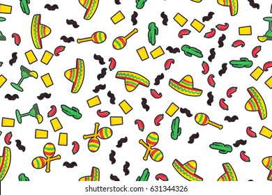 Cinco De Mayo Festival Seamless Pattern from chili, confetti, cactus, mustache and margarita, sombrero and maraca. Festival Poster. Vector