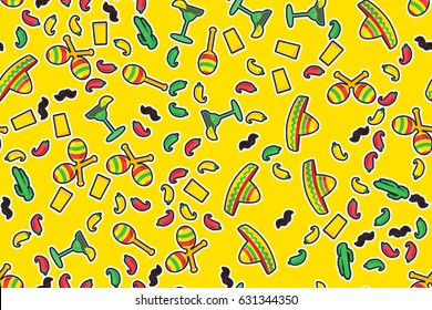 Cinco De Mayo Festival Seamless Pattern from chili, confetti, cactus, mustache and margarita, sombrero and maraca. Festival Poster. Vector