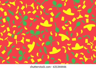 Cinco De Mayo Festival Seamless Pattern from chili, confetti, cactus, mustache and margarita, sombrero and maraca. Festival Poster. Vector