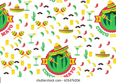 Cinco De Mayo Festival Seamless Pattern from chili, confetti, cactus, mustache and margarita, sombrero and maraca. Festival Poster. Vector