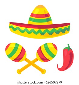 Cinco De Mayo Festival Set with sombrero, maraca, pepper. Vector