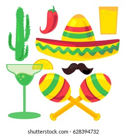 Cinco De Mayo Festival Set from chili, confetti, cactus, mustache and margarita, sombrero and maraca. Vector