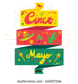 Cinco De Mayo Festival Sticker with chili, cactus, mustache and sombrero, maraca. Festival Poster. Vector