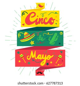 Cinco De Mayo Festival Sticker with chili, cactus, mustache and sombrero, maraca. Festival Poster. Vector