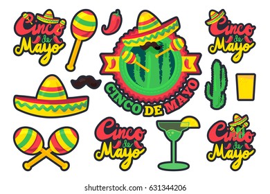 Cinco De Mayo Festival Stickers Set from chili, confetti, cactus, mustache and margarita, sombrero and maraca. Festival Poster. Vector