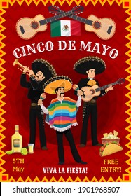 Volante de vector del festival Cinco de mayo con músicos mexicanos Mariachi y personajes de la banda musical tocando guitarra, trompeta y maracas. Hombres mexicanos con sombrero mexicano y carnaval de ponchoat cinco de mayo