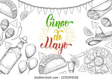 Cinco de Mayo Festive background with  hand drawn symbols - chili pepper, maracas, sombrero, nachos, tacos, burritos, tequila, balloons isolated on white. Hand made lettering.