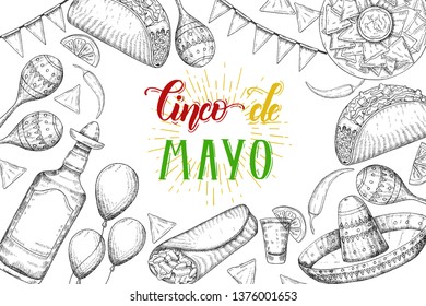 Cinco de Mayo Festive background with  hand drawn symbols - chili pepper, maracas, sombrero, nachos, tacos, burritos, tequila, balloons, flag garland isolated on white. Hand made lettering.