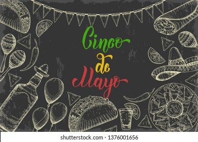 Cinco de Mayo Festive background with  hand drawn symbols - chili pepper, maracas, sombrero, nachos, tacos, burritos, tequila, balloons, flag garland  on black. Hand made lettering.