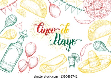 Cinco de Mayo Festive background with  hand drawn symbols - chili pepper, maracas, sombrero, nachos, flag garland, tacos, burritos, tequila, balloons  in flag colors isolated on white.  Lettering.