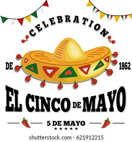 Cinco de mayo festive background, poster, banner, flyer, postcard. Vector illustration for a Mexican holiday with sombrero, maracas and chili peppers.