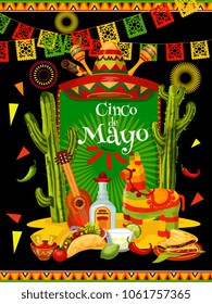 Cinco de Mayo festive banner for mexican holiday invitation. Fiesta party traditional food and drink, sombrero, chili and jalapeno pepper, guitar, tequila and maracas, pinata, cactus and flag poster