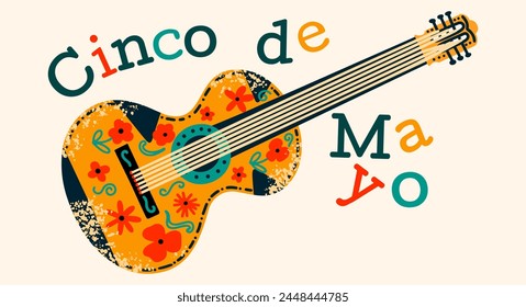 Cinco de Mayo festive banner. Holiday in Mexico. Colorful design poster with guitar.