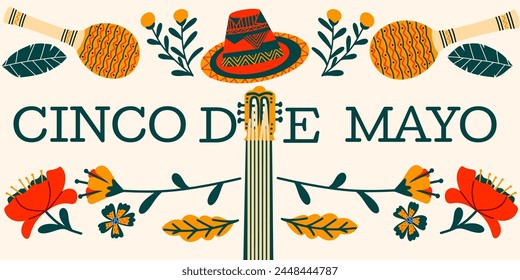 Cinco de Mayo festive banner. Holiday in Mexico. Colorful design with different Mexican traditional symbols. Vector illustration