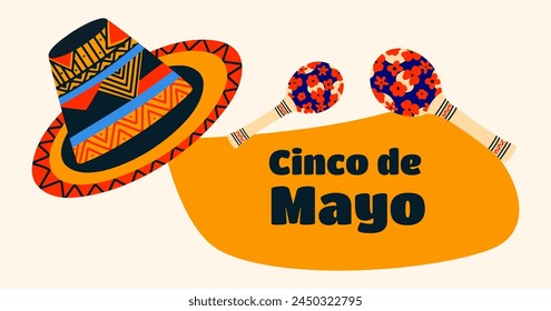 Cinco de Mayo festive banner with sombrero and maracas. Holiday in Mexico. Colorful design poster.