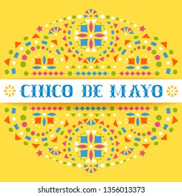 Cinco de mayo festive card with Mexican embroidery motif. Greeting background with fiesta style bright Mexico folk art pattern. Western shapes of phrase. Colorful ethnic vector design.