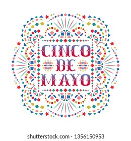 Cinco de mayo festive card with colorful text and Mexican embroidery motif. Greeting background with fiesta style Mexico folk art pattern. Western shapes of phrase. Colorful ethnic vector design.