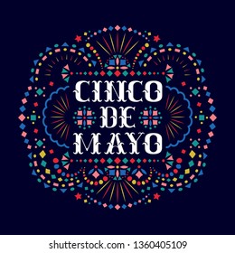 Cinco de mayo festive card with text and Mexican embroidery motif. Greeting background with fiesta style Mexico folk art pattern. Western shapes of phrase. Colorful ethnic vector design.