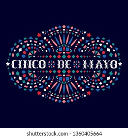 Cinco de mayo festive composition with text and Mexican embroidery motif. Greeting card with fiesta style bright Mexico folk art pattern. Western shapes of phrase. Colorful ethnic vector design.