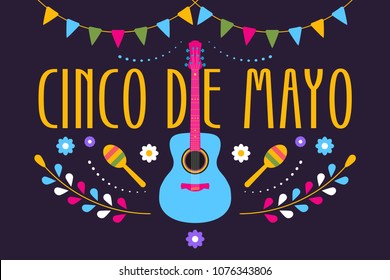 Cinco de Mayo festive design for Mexican holiday. Colorful banner of 5 May in Mexico with guitar, flowers, maraca and flags. Vector illustration. 