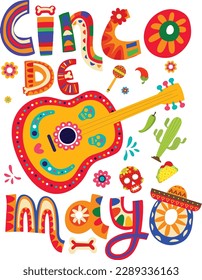 Cinco de Mayo festive design for Mexican holiday. Colorful banner of 5 May in Mexico with guitar, flowers, maraca and flags. Cinco De Mayo 5 May Mexican Fiesta. Vector illustration.