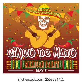 Cinco de Mayo festive design featuring a skull with a sombrero, guitars, chili peppers, and colorful party decorations on a bright Mexican themed background. Flat vector modern illustration 