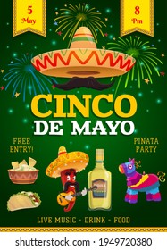 Cinco de Mayo festive flyer, mexican holiday invitation. Fiesta party traditional food and drink, sombrero, chili and jalapeno pepper playing guitar. Tequila, pinata and flags for Cinco de Mayo event