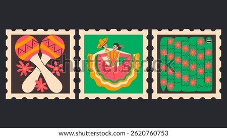 Cinco de Mayo festive postage stamps. Maracas, folk dancers and snake elements. Mexican heritage vector illustration. 
