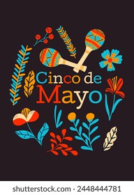 Cinco de Mayo festive poster. Holiday in Mexico. Colorful design with different Mexican traditional symbols. 