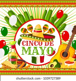 Cinco de Mayo festive vector Mexican holiday poster with hat, chili, maracas and guitar. Cinco de mayo poster design. Mexican Cinco de Mayo greeting card with avocado, tequila, lime and balloons