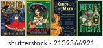 Cinco de Mayo festive vintage posters set with mexican skeleton musician playing trumpet for dancer in desert, woman in sombrero shaking maracas, painted guitar on background with colorful decorative