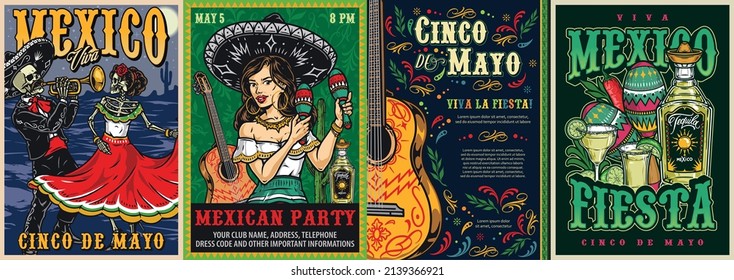 Cinco de Mayo festive vintage posters set with mexican skeleton musician playing trumpet for dancer in desert, woman in sombrero shaking maracas, painted guitar on background with colorful decorative