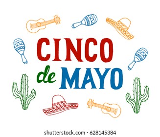 Cinco de Mayo Fiesta background with sombrero, maracas, cuatro and cactus isolated on white