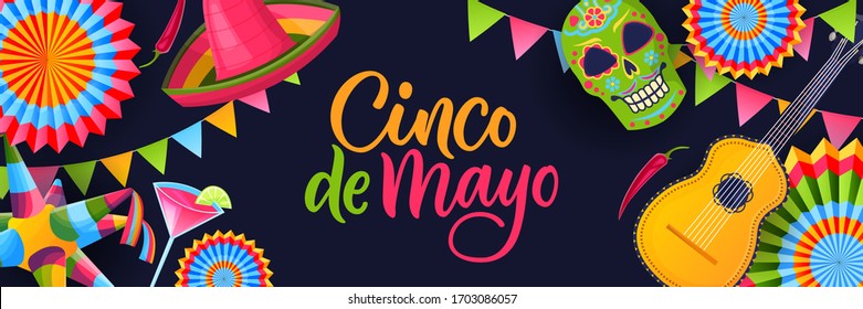 Cinco de Mayo fiesta black background. Poster or greeting gift card with calligraphy lettering and Mexican national symbols. Vector flat cartoon illustration. Holiday banner design