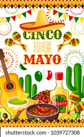 Cinco de Mayo fiesta celebration poster design of tequila, jalapeno pepper or cactus and guitar. Vector sombrero and traditional food burrito and guacamole avocado for Cinco de Mayo Mexican holiday