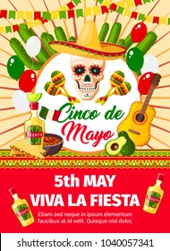 Cinco de Mayo fiesta celebration or party invitation card of skull in sombrero and guitar. Vector design of Mexican jalapeno pepper, cactus or balloons flag and Cinco de Mayo holiday symbols