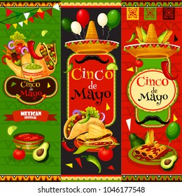 Cinco de Mayo fiesta celebration banners of tequila, jalapeno pepper or cactus and mustache. Vector traditional Cinco de Mayo Mexican holiday burrito and avocado guacamole for Mexico 5 May festival